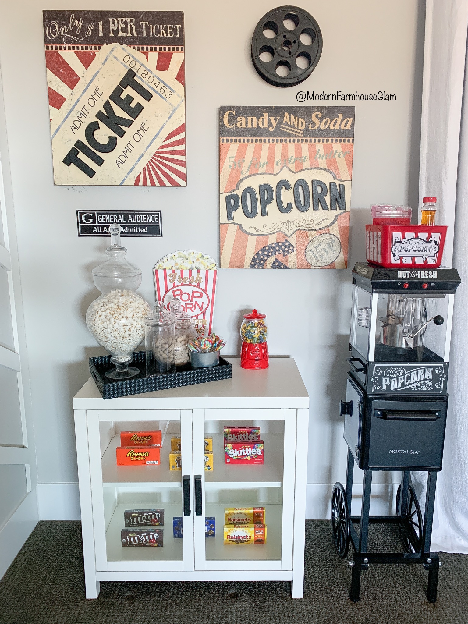 Movie Room Popcorn and Candy Station at Modern Farmhouse Glam