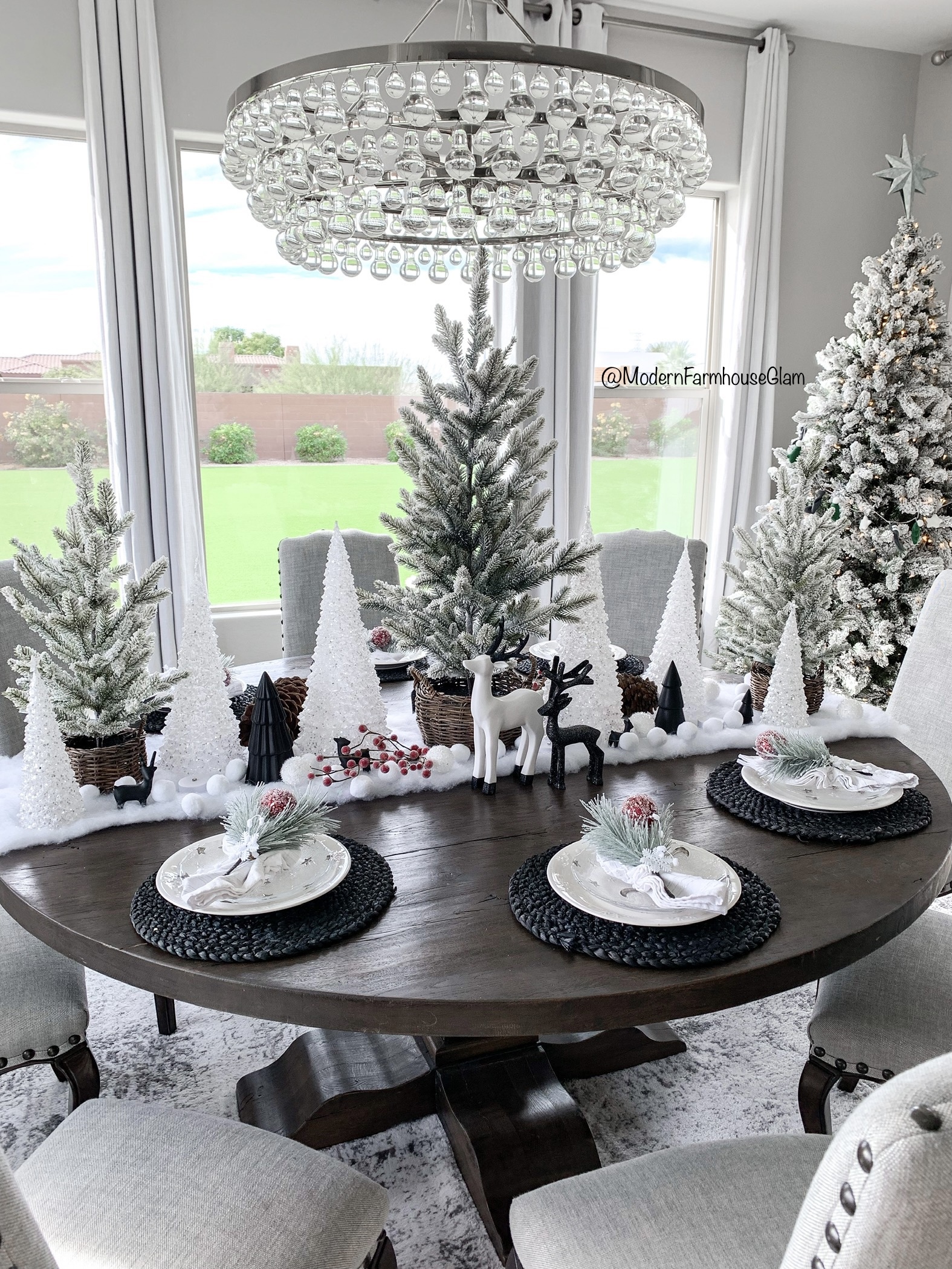 Christmas Tablescape Flocked Christmas Trees on Round Farmhouse Table